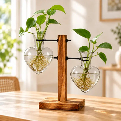 🌿🏡 Mini Jarrón de Cristal con Soporte de Madera | Florero Transparente para Plantas Hidropónicas, Flores y Decoración del Hogar
