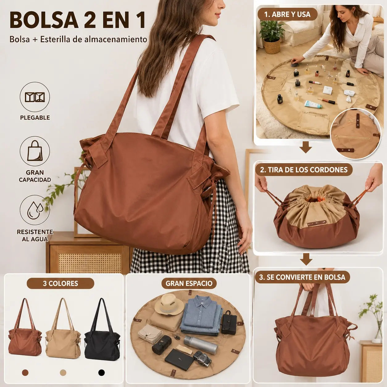 Bolso de mano grande para mujer | 2 en 1, ultraligero, plegable, resistente y con amplio espacio de almacenamiento**