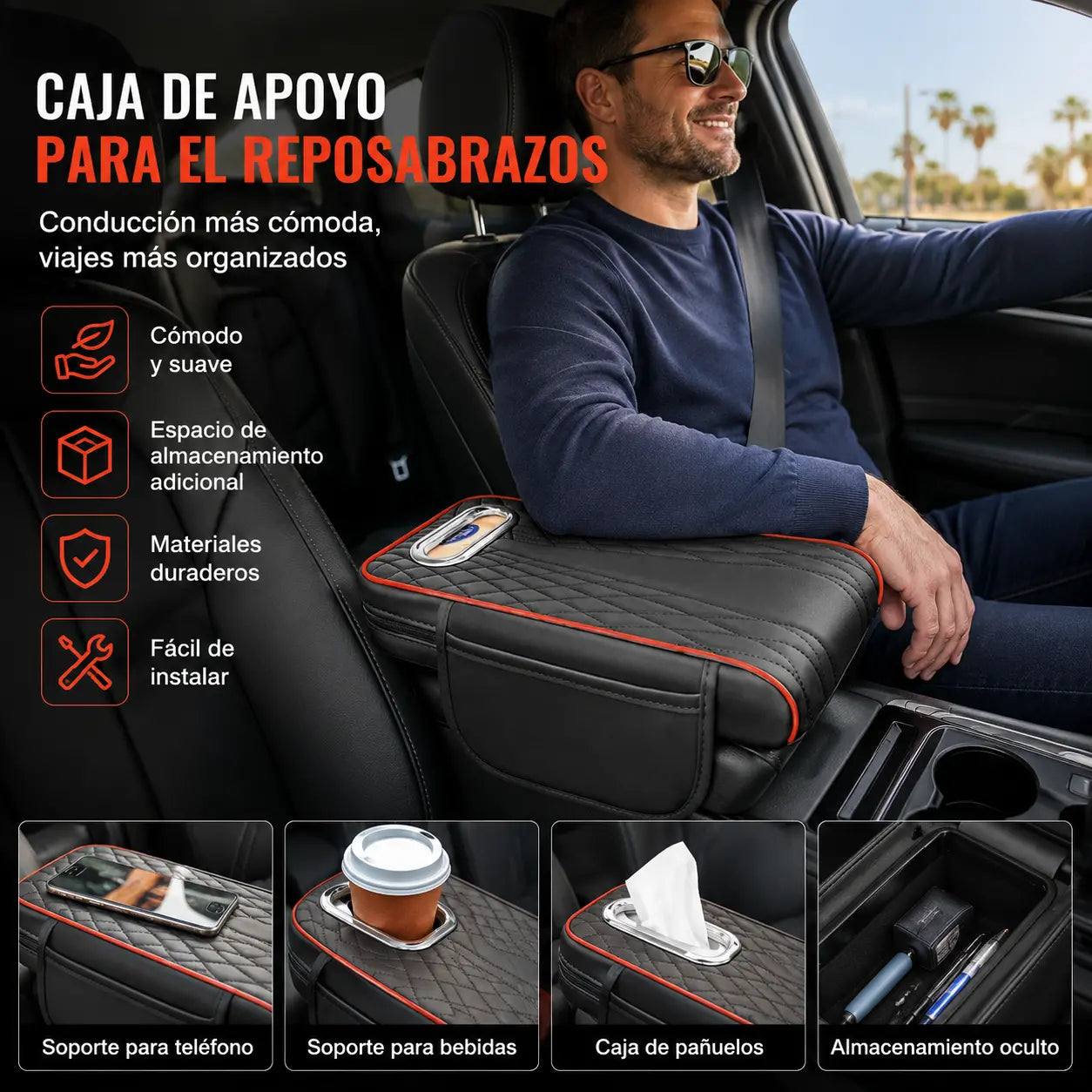 Caja de almacenamiento multifuncional para coche 3 en 1 de piel.