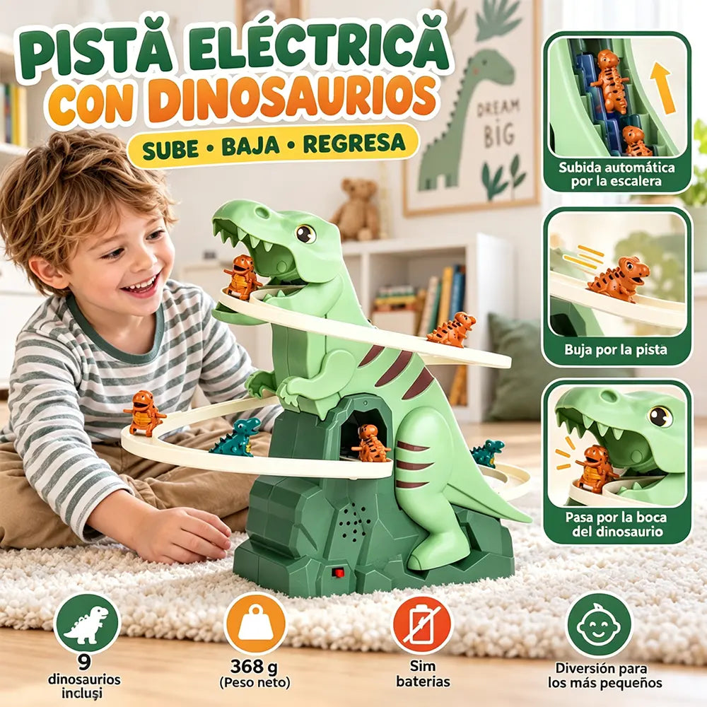 🦖🚂 Pista Eléctrica de Dinosaurios para Niños | Juguete de Aventuras con Dinosaurio Trepador y Pista Modular