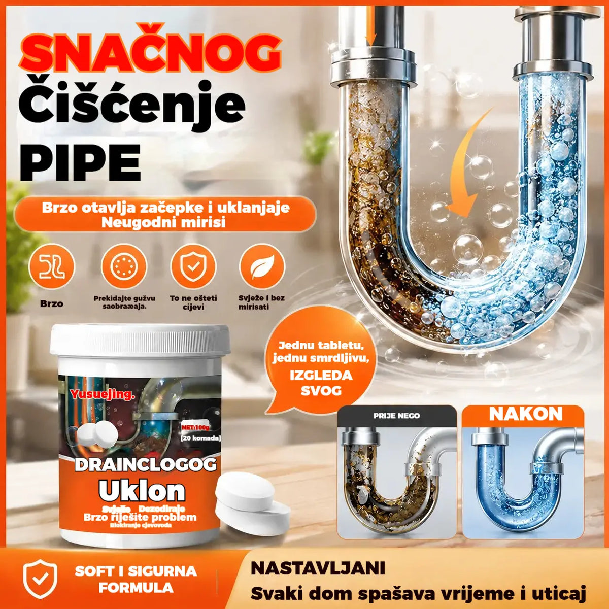 【2 komad 】Snažne šumeće tablete za čišćenje koje brzo otapaju začepljenja uzrokovana masnom kosom, odčepljuju odvode; također su dezodorirajuće i antibakterijske.