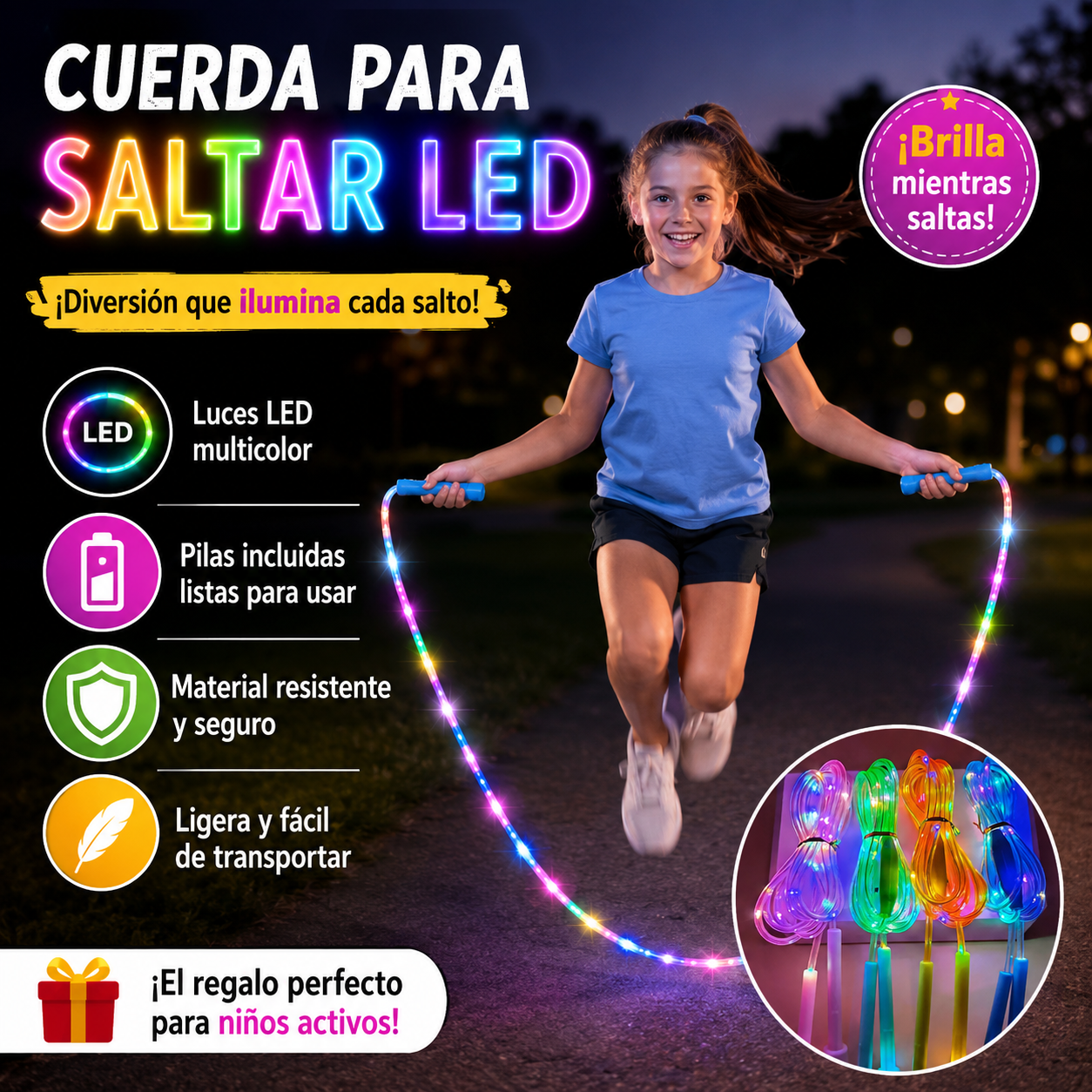 🏃【Compra 1 y llévate 1 gratis】🌈 Cuerda para saltar con luz LED para niños