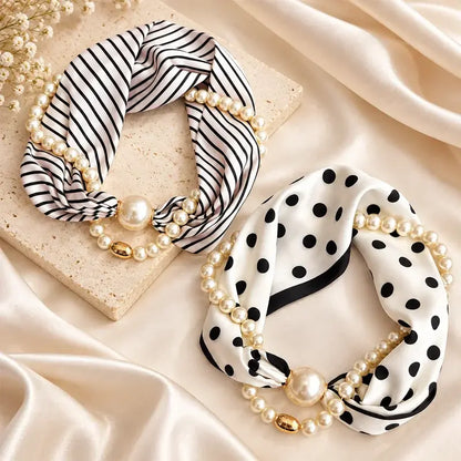 🎀✨ Collar de Perlas con Cinta de Satén para Mujer | Pañuelo Vintage Francés para Cuello, Pelo y Escote