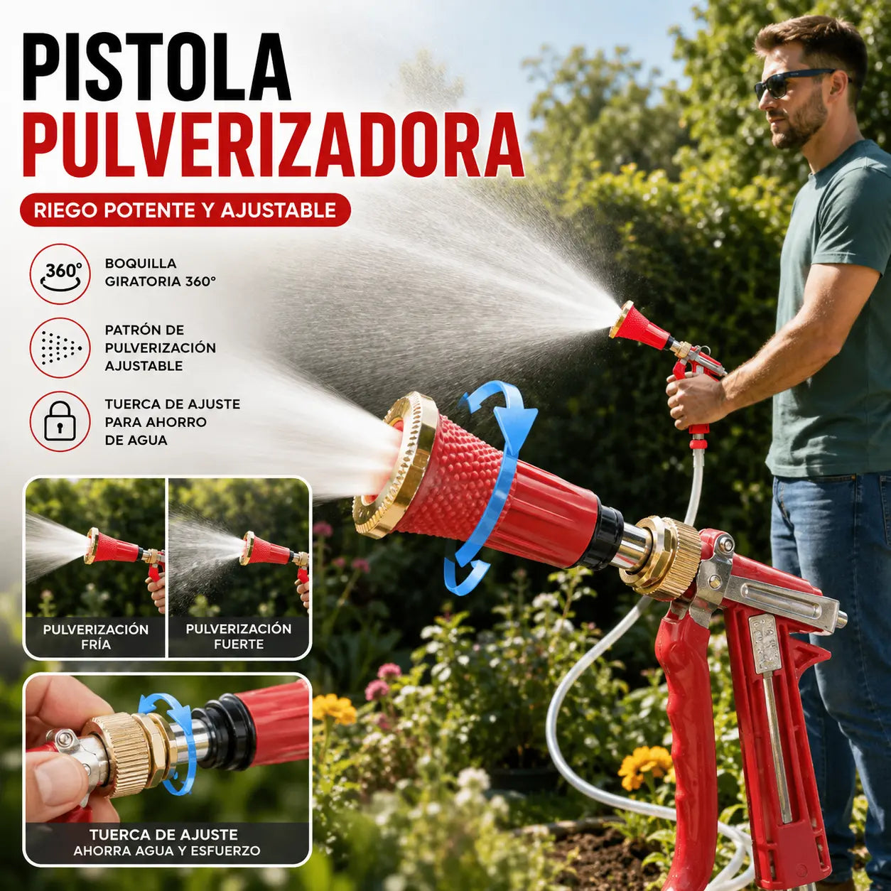 Pulverizador agrícola de alta presión con filtro y boquilla a prueba de viento.