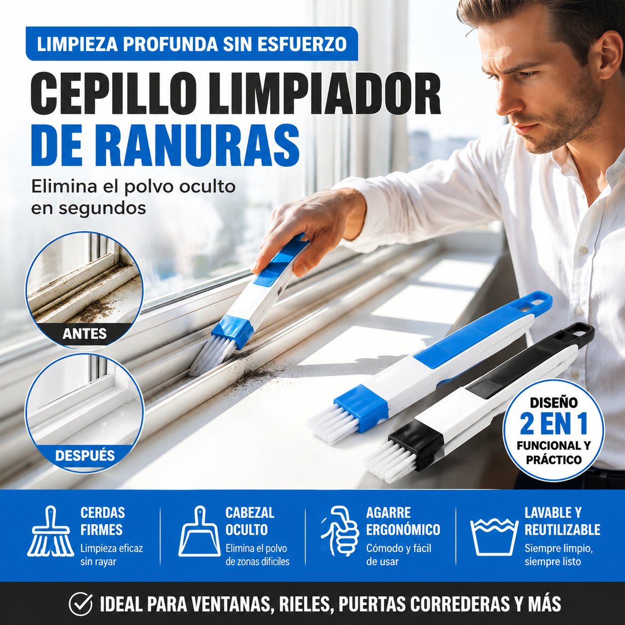 🪟【4 piezas 24 euros】⏰ Cepillo de limpieza 2 en 1: ideal para rieles o rincones de difícil acceso ✨🧹🏠