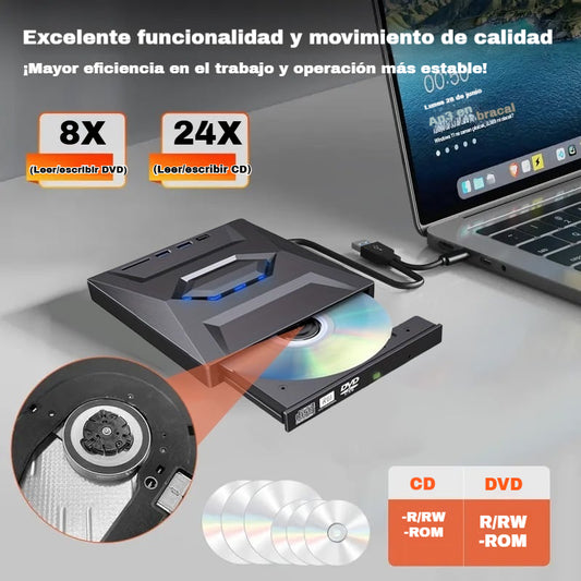 📀💻Lector de tarjetas multifunción 7 en 1, función para tarjetas SD/TF, unidad óptica, grabadora de DVD externa con interfaz USB/Tipo-C.