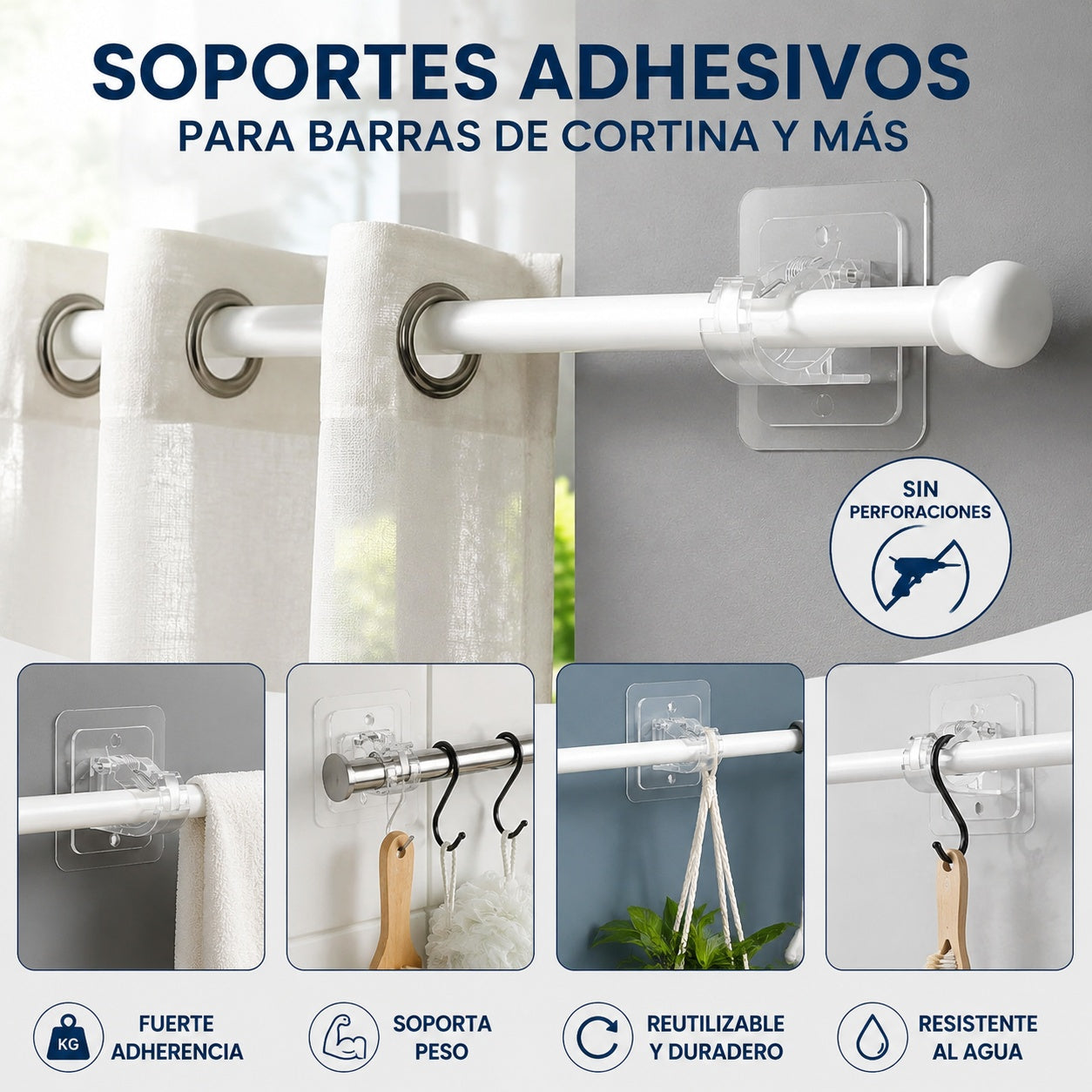 【20 piezas】Soportes adhesivos de alta resistencia para barras de cortina que no requieren taladrar; diseño transparente y gran capacidad de carga: se fijan de forma segura sin tornillos.