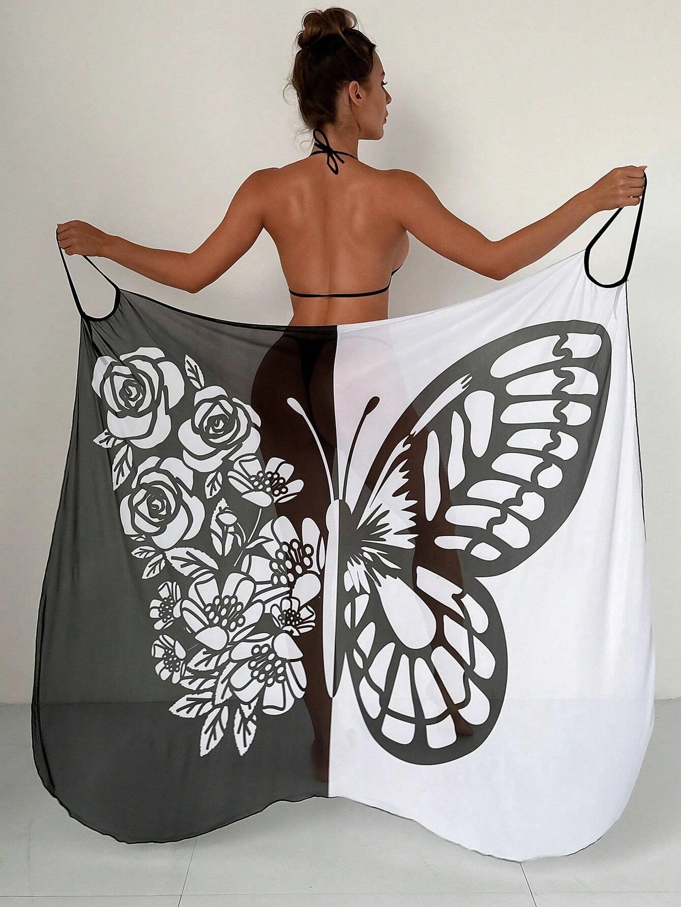 🦋🦋Vestido tipo chal con protector solar de playa de malla con estampado de mariposas