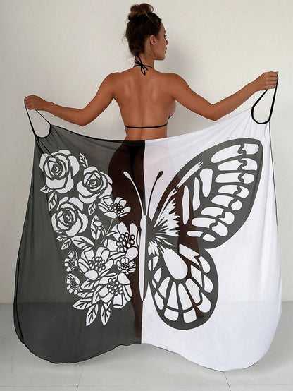 🦋🦋Vestido tipo chal con protector solar de playa de malla con estampado de mariposas