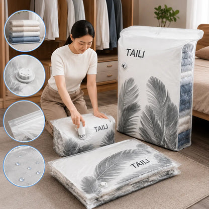 【56*80cm】【Juego de 5 piezas】 Bolsa de almacenamiento al vacío grande y compresible: no requiere bomba, es a prueba de fugas e ideal para ahorrar espacio en maletas y en casa
