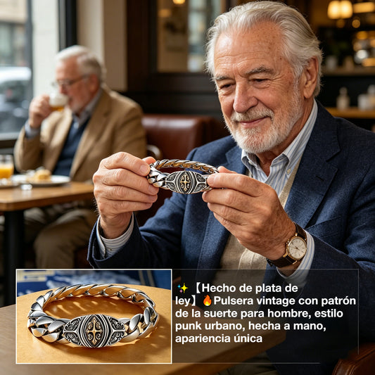 ✨【Hecho de plata de ley】🔥Pulsera vintage con patrón de la suerte para hombre, estilo punk urbano, hecha a mano, apariencia única