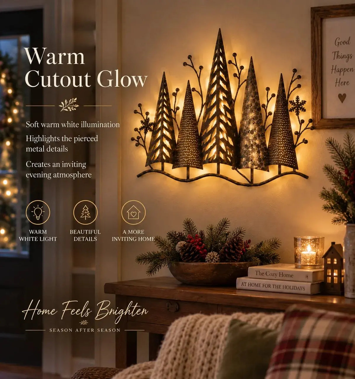 🎄🕯️ Osvetljena kovinska stenska dekoracija z gozdnim motivom in pridihom vintage sloga 🌙