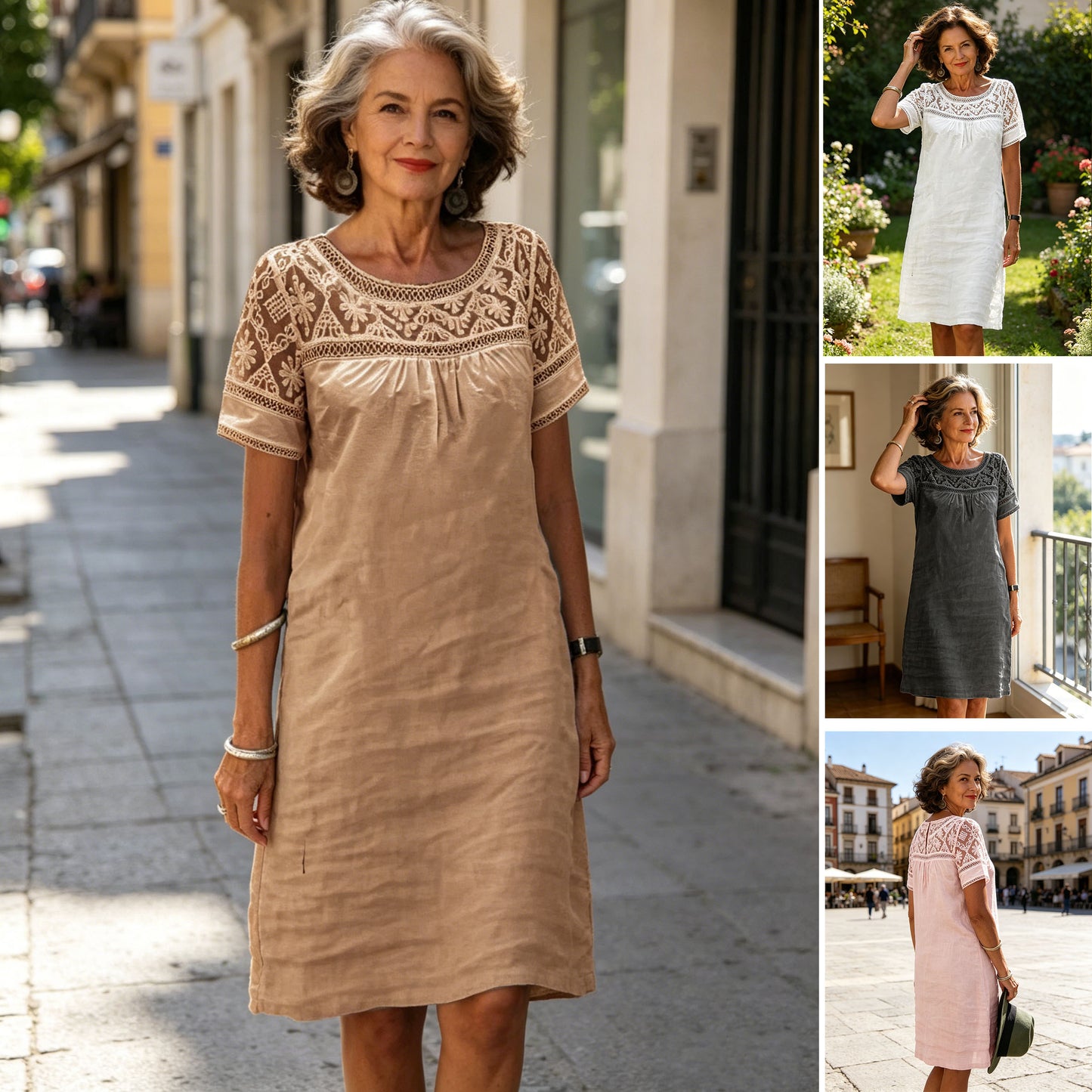 🌸Nuevo vestido de verano, confeccionado con tela de encaje patchwork, diseño de cuello redondo, tejido de mezcla de algodón y lino.