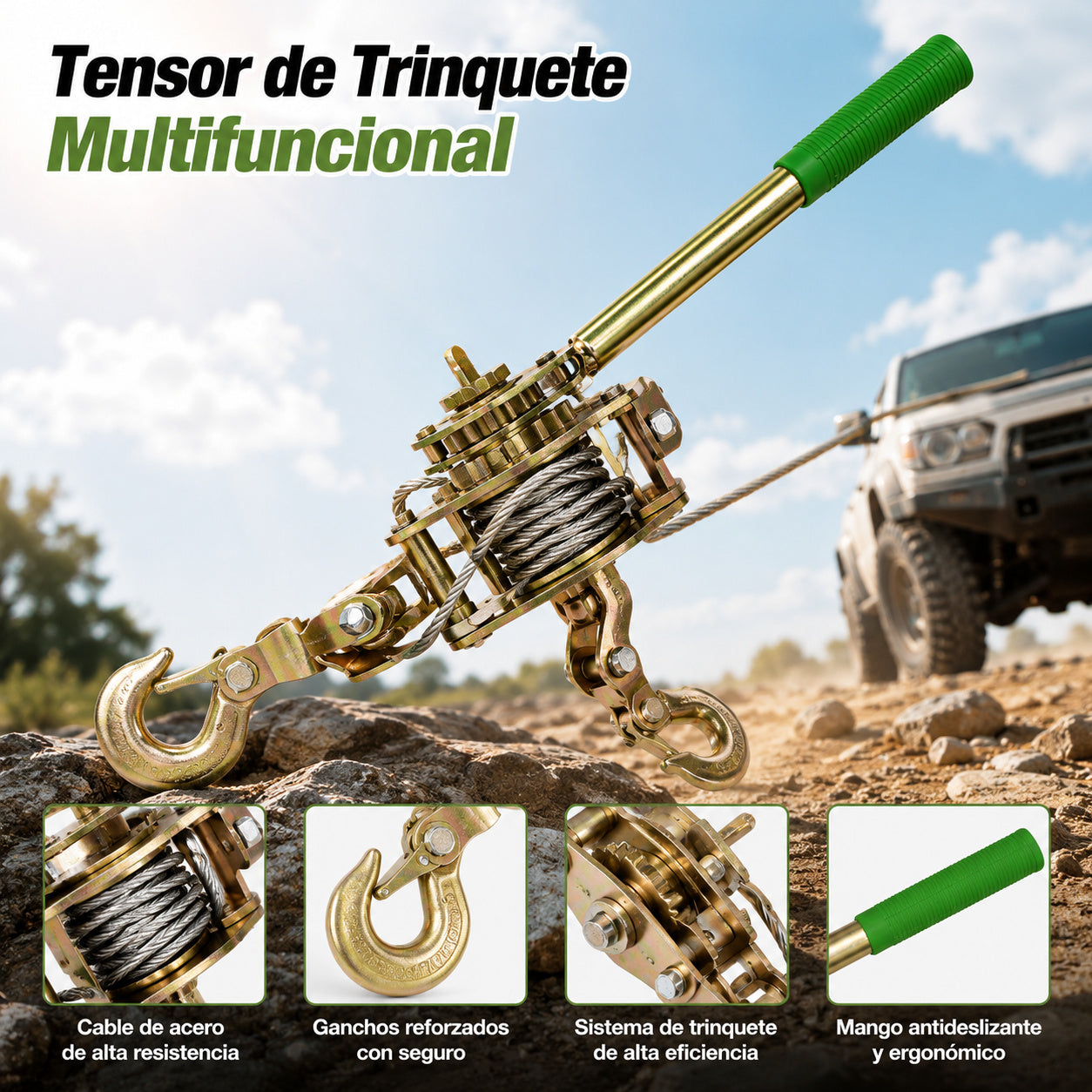 Cabrestante extractor de cable de acero de 2 toneladas con 2 ganchos