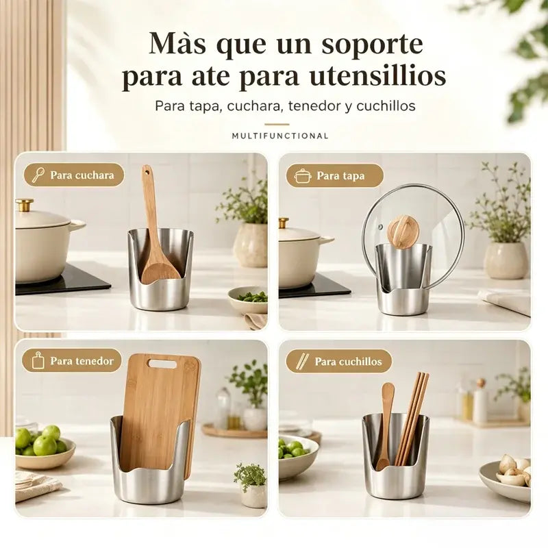 🍳 Soporte de Cocina 2 en 1 de Acero Inoxidable – Organizador para Cucharones, Tapas y Utensilios | Mantén la Encimera Limpia y Ordenada