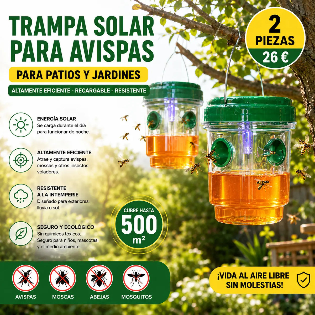 【2 piezas 25 €】🐝☀️ Trampa solar para avispas para patios y jardines 🔋🌿 – Altamente eficiente, recargable, resistente a la intemperie, cubre hasta 500 metros cuadrados.