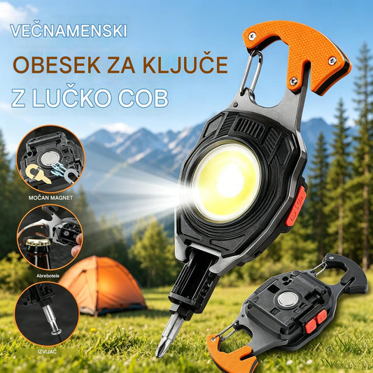 🌞🛡️Večfunkcijski zunanji obesek za ključe 6 v 1 z močno lučko in funkcijo zažiganja ognja.