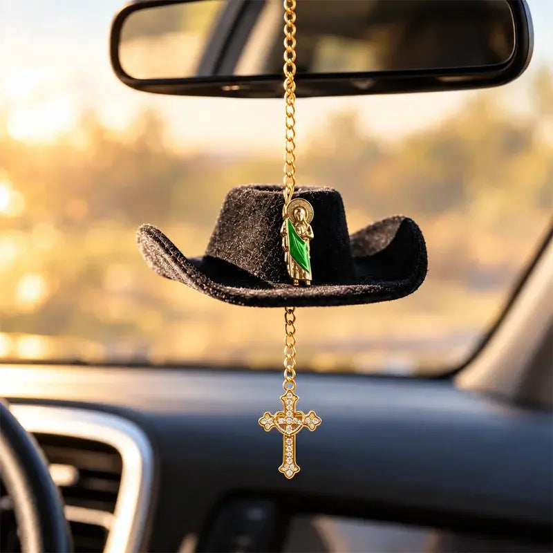 🤠✝️ Colgante para Coche con Sombrero Vaquero y Cruz | Decoración para Espejo Retrovisor con Cordón