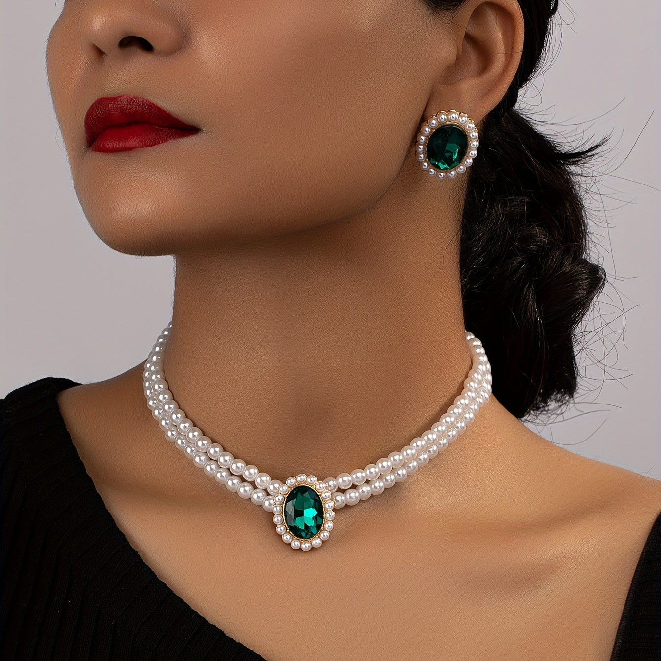 (  collares +   pares de pendientes) set de pendientes vintage de esmeralda y collar de perlas artificiales