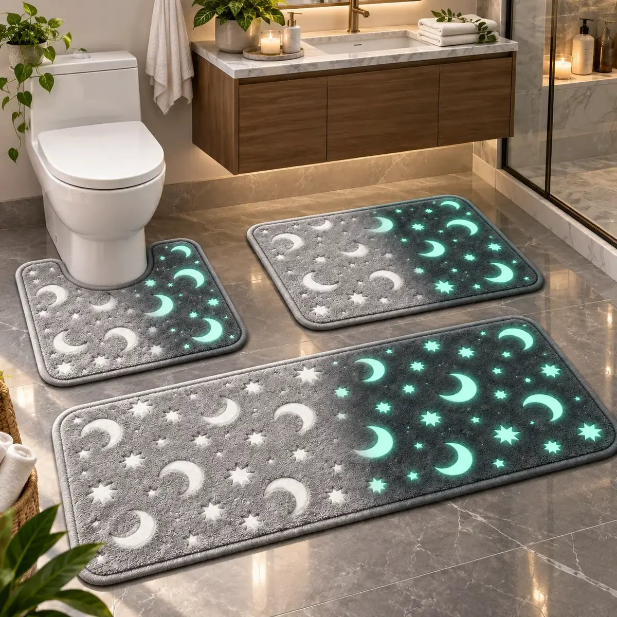 🌙 Juego de baño con diseños de luna y estrellas que brilla en la oscuridad – Alfombrilla de baño antideslizante 🌙