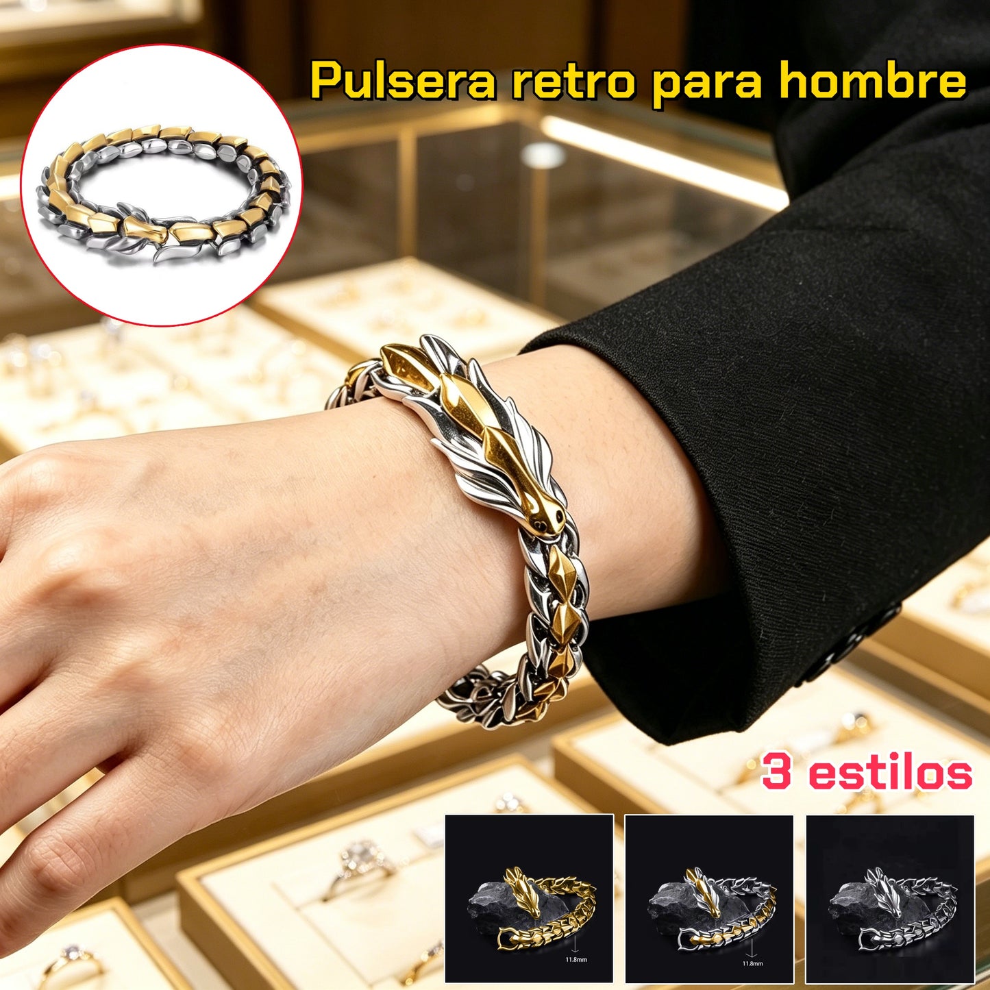 【🔥Compra 1 y llévate 1 gratis 】Pulsera popular de estilo retro con cabeza de dragón y escamas de dragón, estilo punk hip hop para hombre.