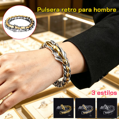 【🔥Compra 1 y llévate 1 gratis 】Pulsera popular de estilo retro con cabeza de dragón y escamas de dragón, estilo punk hip hop para hombre.