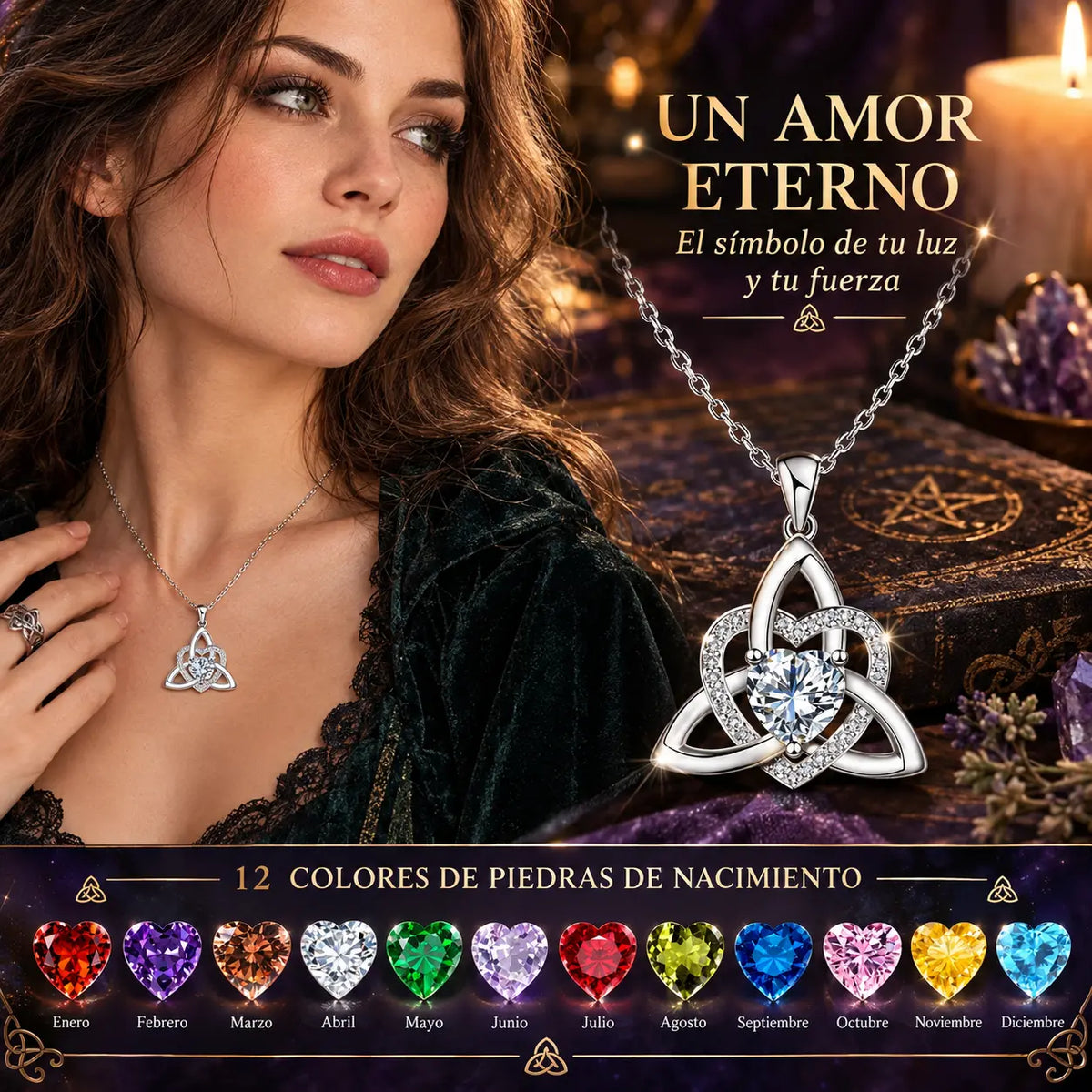 ⏳Oferta por tiempo limitado⏰ Collar de corazón con nudo de la Trinidad celta y piedra de nacimiento✨ Colgante de corazón con nudo de la Trinidad celta y piedra de nacimiento