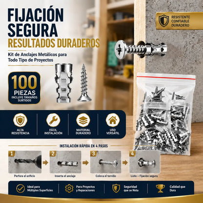 🛠️【100 pares】🔩 Kit de anclajes autoperforantes para paneles de yeso con tornillos 🧱 – Accesorios de montaje en pared fáciles de instalar