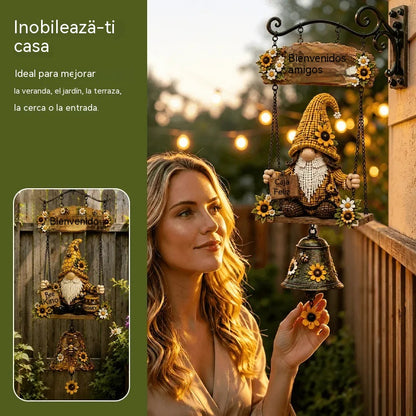 🔥Campana de bienvenida con gnomo de jardín✨ placa de "Welcome", campana de bronce estilo retro, soporte de pared de hierro, decoración para jardín y patio