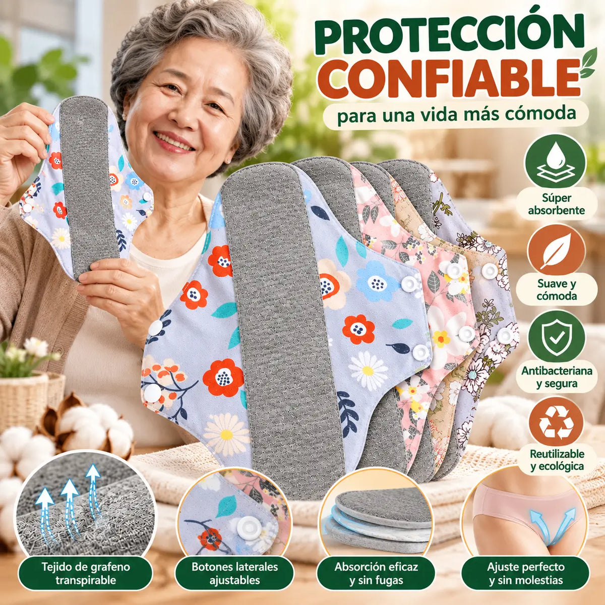 🔥【5 piezas 24 euros】Almohadilla antibacteriana de algodón y grafeno lavable