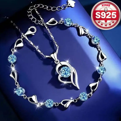 🥰【1 juego：Pulsera + collar】✨Conjunto de pulsera y collar de plata de ley 925 Corazón del Océano
