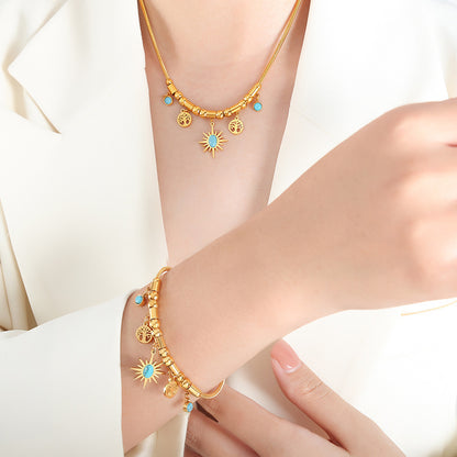 ✨🔥 Collar y pulsera retro de turquesa con diseño de girasol en estilo bohemio.