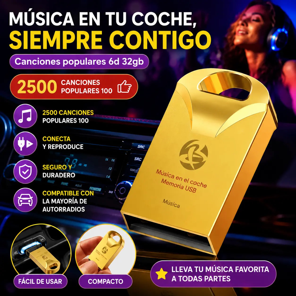 🔥🔥【32 GB】Memoria USB universal de alta calidad para música en coches【2500 canciones populares + 100 vídeos】