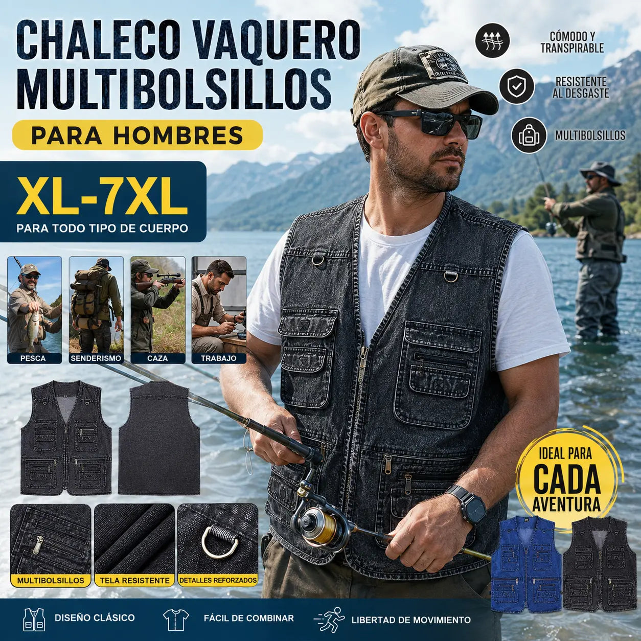 【XL-7XL】2026 Chaleco vaquero multibolsillos para hombr