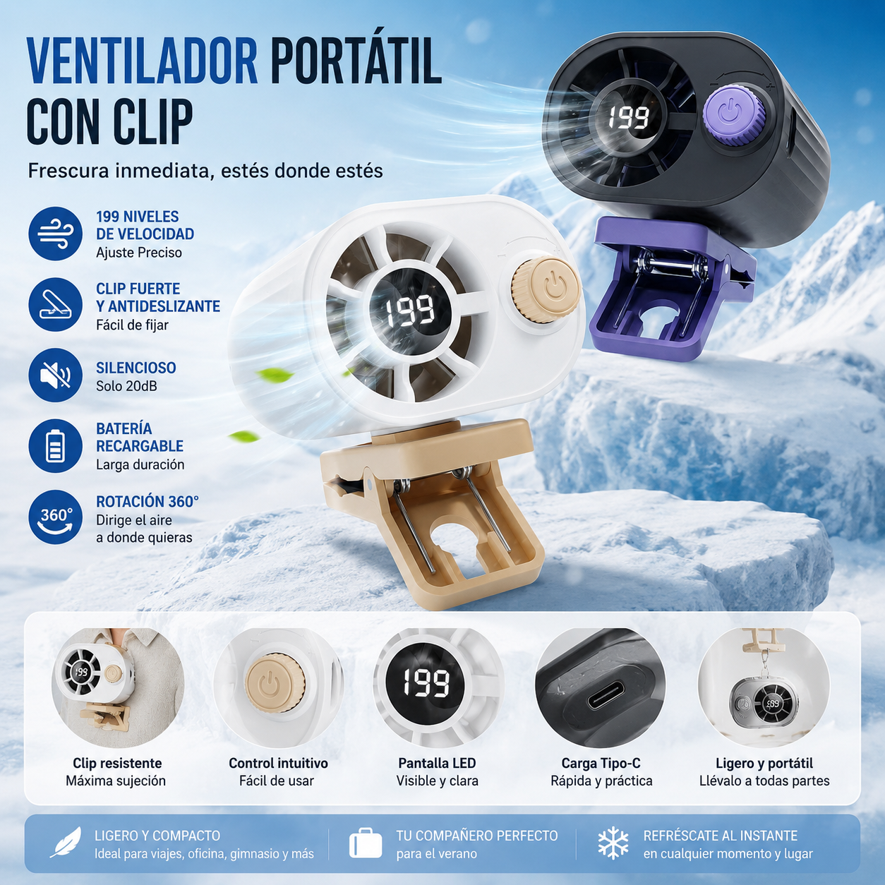 🌀 Ventilador manos libres con pantalla LED, clip integrado y 199 niveles de ajuste