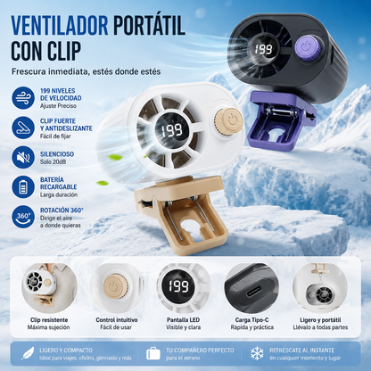 🌀 Ventilador manos libres con pantalla LED, clip integrado y 199 niveles de ajuste