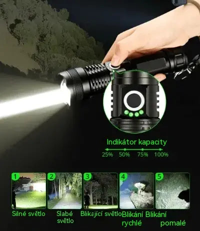 🔦 Výkonná dobíjecí svítilna s laserovým ukazovátkem a několika režimy svícení
