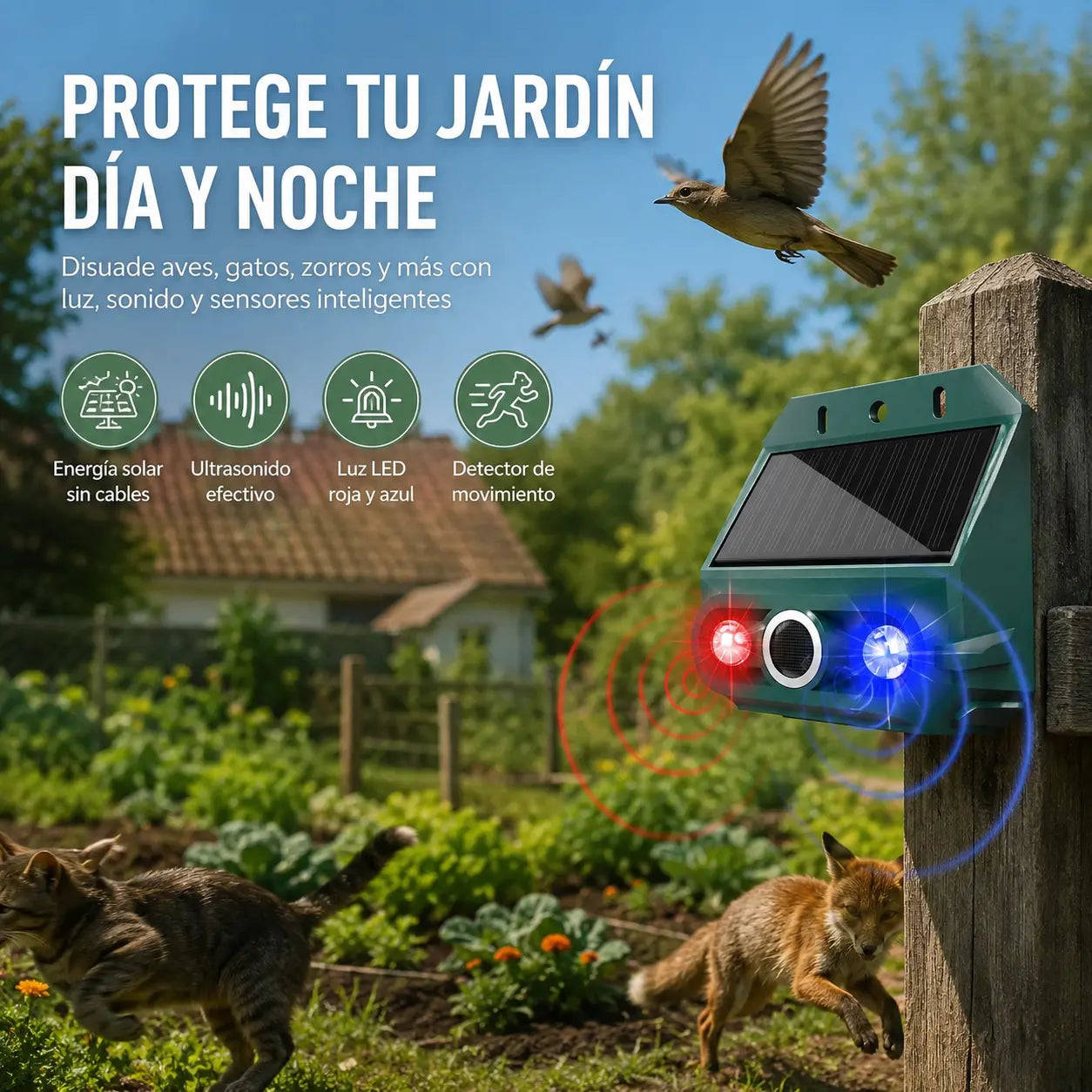 🔥【Oferta especial】🔥Repelente solar ultrasónico para animales para exteriores: puede ahuyentar pájaros y animales.