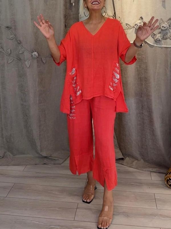 【Pantalones + Top】2026 Traje de dos piezas de lino y algodón con cuello en V para mujer
