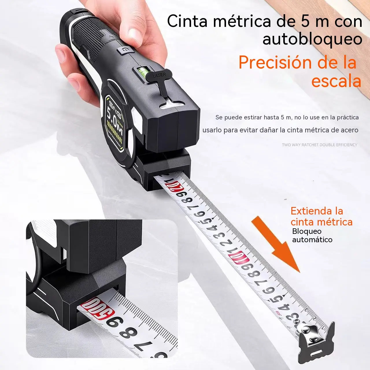 Cinta métrica láser de alta precisión 3 en 1 tipo tomahawk, cinta métrica de acero de 5 metros, nivel multifuncional.