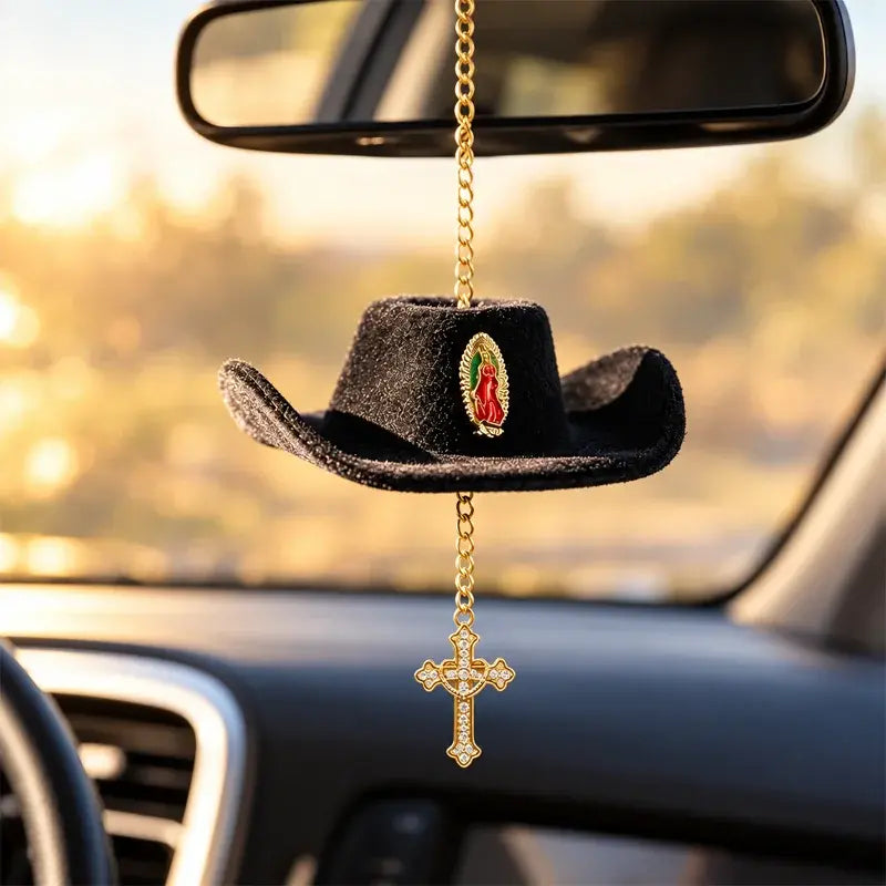 🤠✝️ Colgante para Coche con Sombrero Vaquero y Cruz | Decoración para Espejo Retrovisor con Cordón