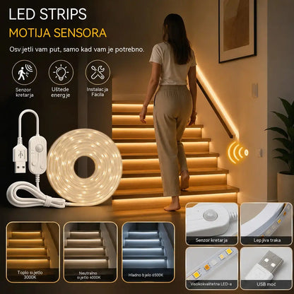 【2M】LED svjetlosna traka s pametnim senzorom i automatskim sustavom osvjetljenja, s USB ljepilom, idealna za kuhinje, spavaće sobe i stepenice.