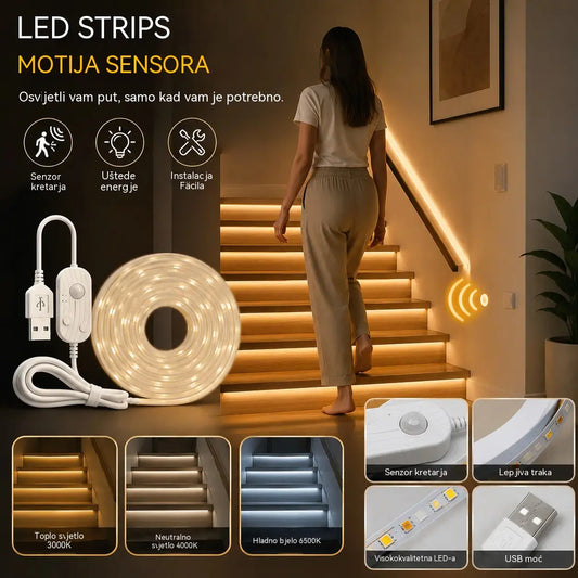 【2M】LED svjetlosna traka s pametnim senzorom i automatskim sustavom osvjetljenja, s USB ljepilom, idealna za kuhinje, spavaće sobe i stepenice.