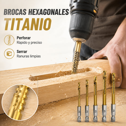 【Juego de 6 piezas】Broca de vástago hexagonal con recubrimiento de titanio 2 en 1: para taladrar y cortar madera rápidamente--【3–8 mm】