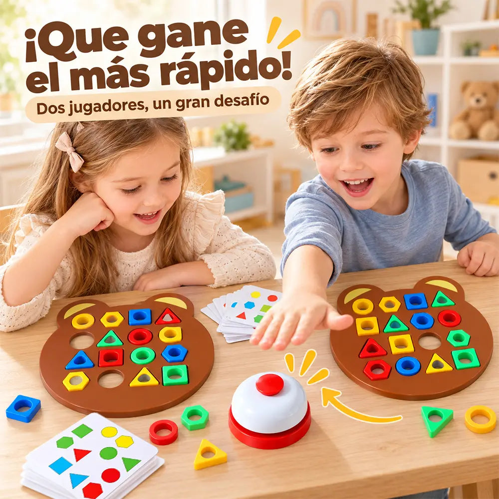 Juego de mesa educativo para el desarrollo en la primera infancia: asociación de formas con bloques geométricos y juego interactivo cara a cara.