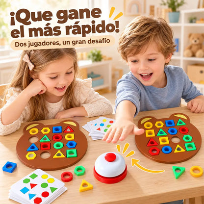 Juego de mesa educativo para el desarrollo en la primera infancia: asociación de formas con bloques geométricos y juego interactivo cara a cara.