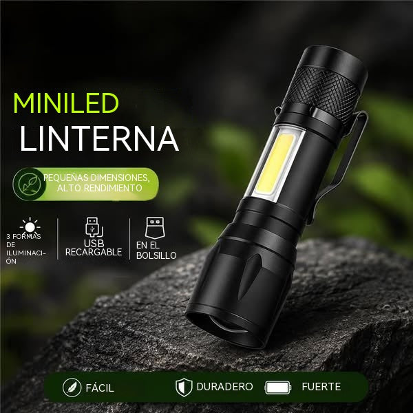 【2 unidades】Mini linterna LED ultra potente con zoom ajustable, luz lateral COB y recargable por USB, fabricada en aleación de aluminio, con caja protectora incluida.