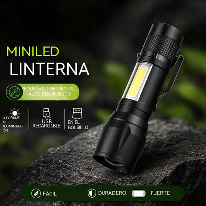 【2 unidades】Mini linterna LED ultra potente con zoom ajustable, luz lateral COB y recargable por USB, fabricada en aleación de aluminio, con caja protectora incluida.