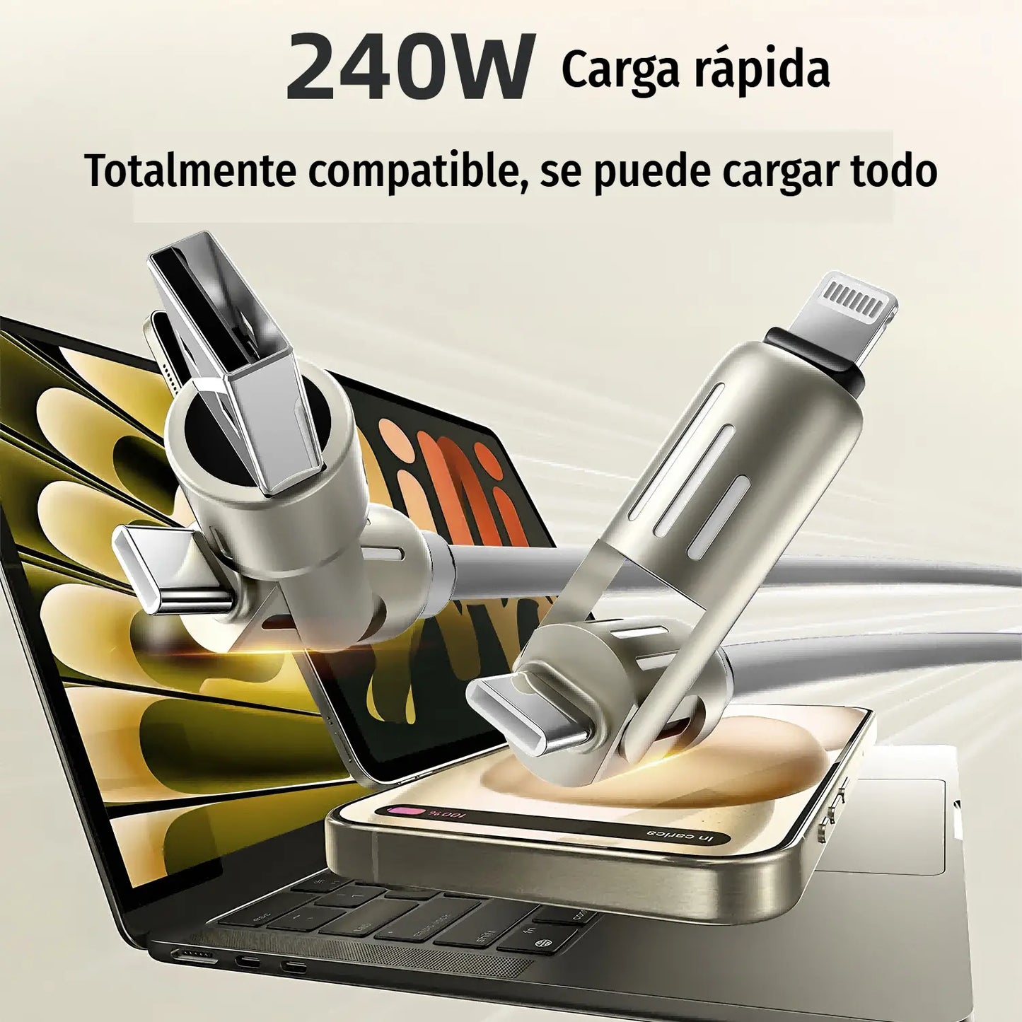 🔥 【2 unidades por 26 euros】 🔥 (2 metros de largo) Cable 4 en 1 PD 240 W – Carga rápida USB‑C, Lightning y USB‑A, aluminio y silicona, sincronización de datos ⚡📱