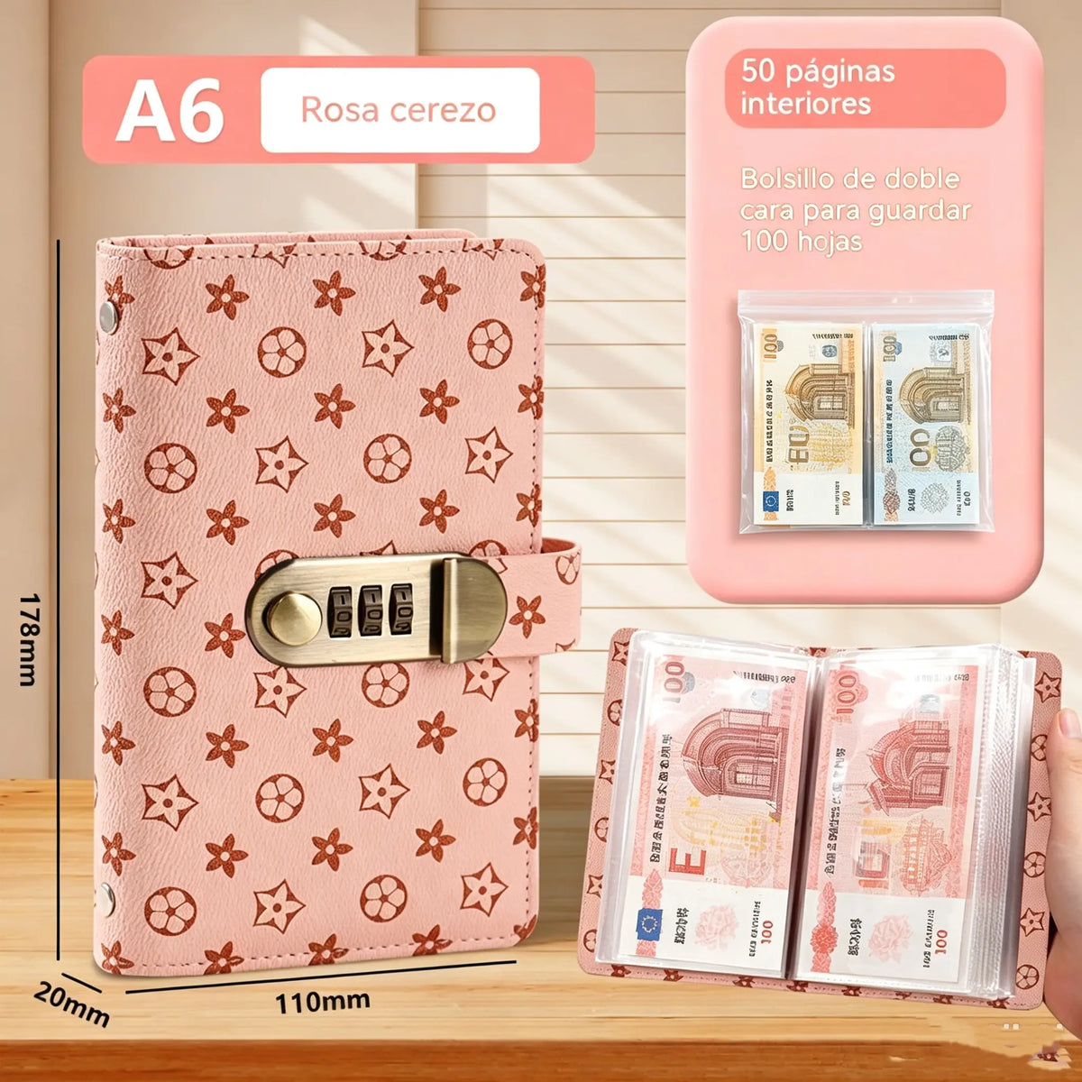 Organizador seguro con cerradura: libro para ahorrar dinero con 50 bolsillos internos para billetes y recibos.